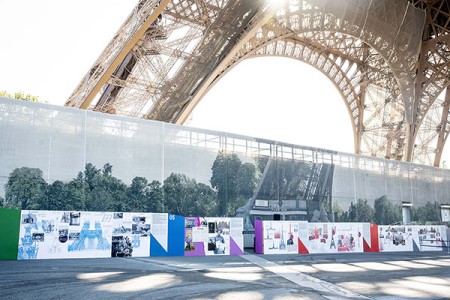 Exhibition panels on the forecourt of the Eiffel Tower