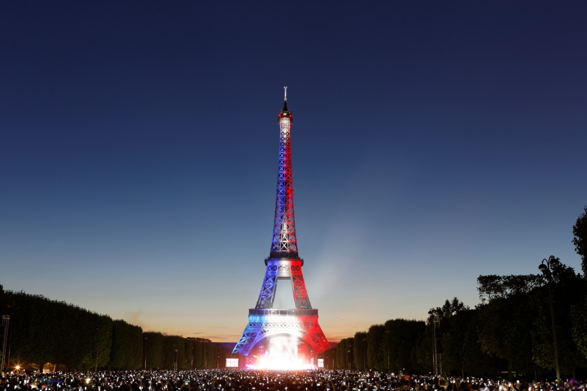 The Tower on July 14, 2015 in blue, white and red