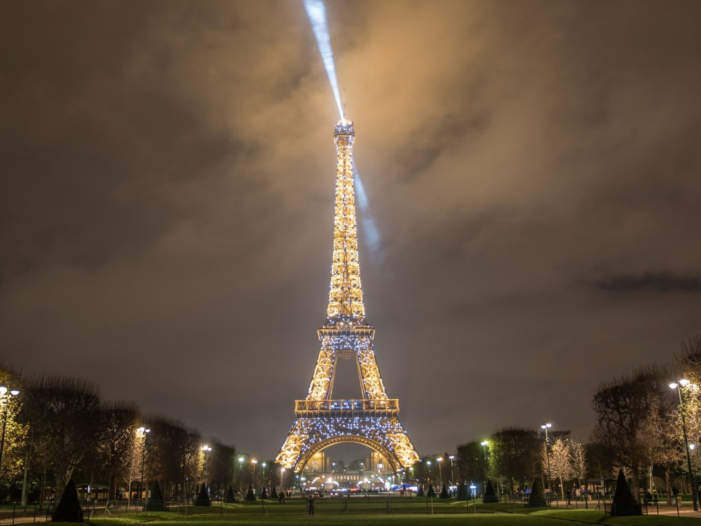 The illuminated Tower from the Champ-de-Mars