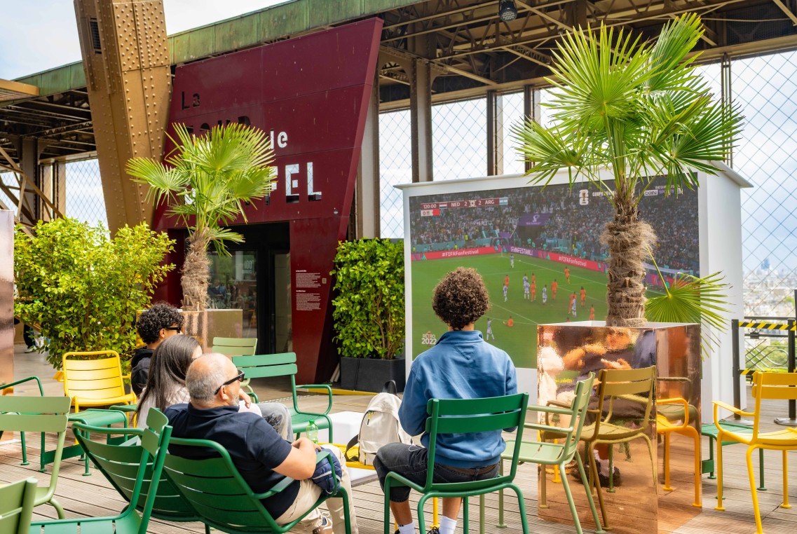 The large screen set up on the terrace 