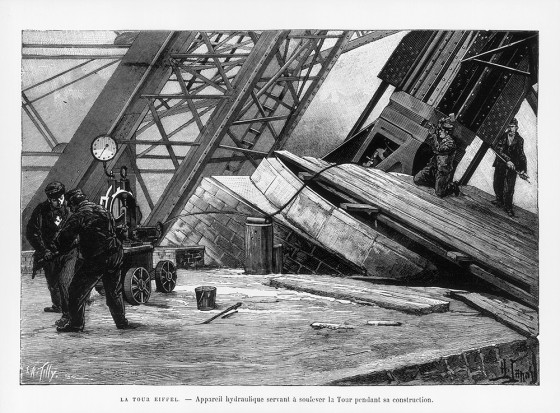Drawing showing the building of the Eiffel Tower